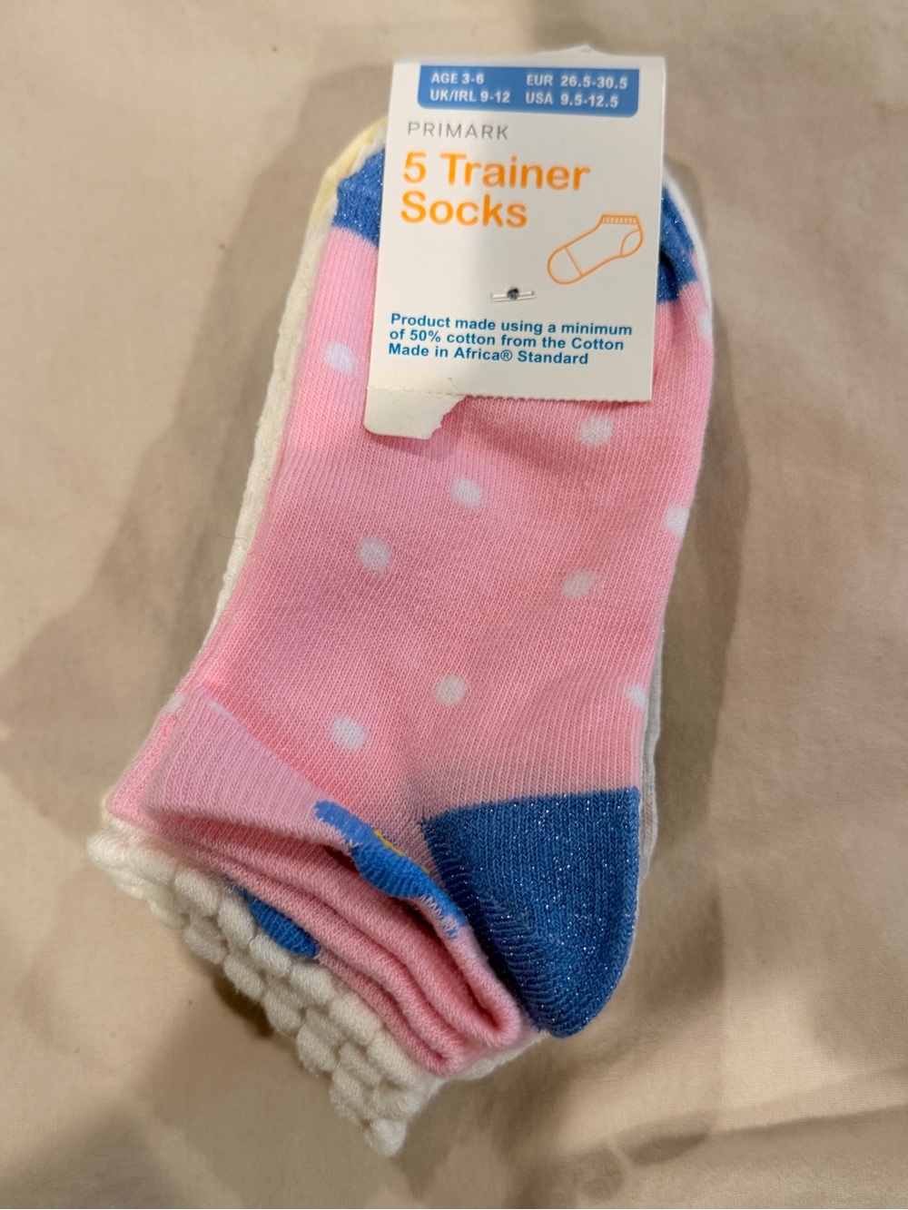 Primark Pink Polka Dot Trainer Socks with Blue Toe - Pack